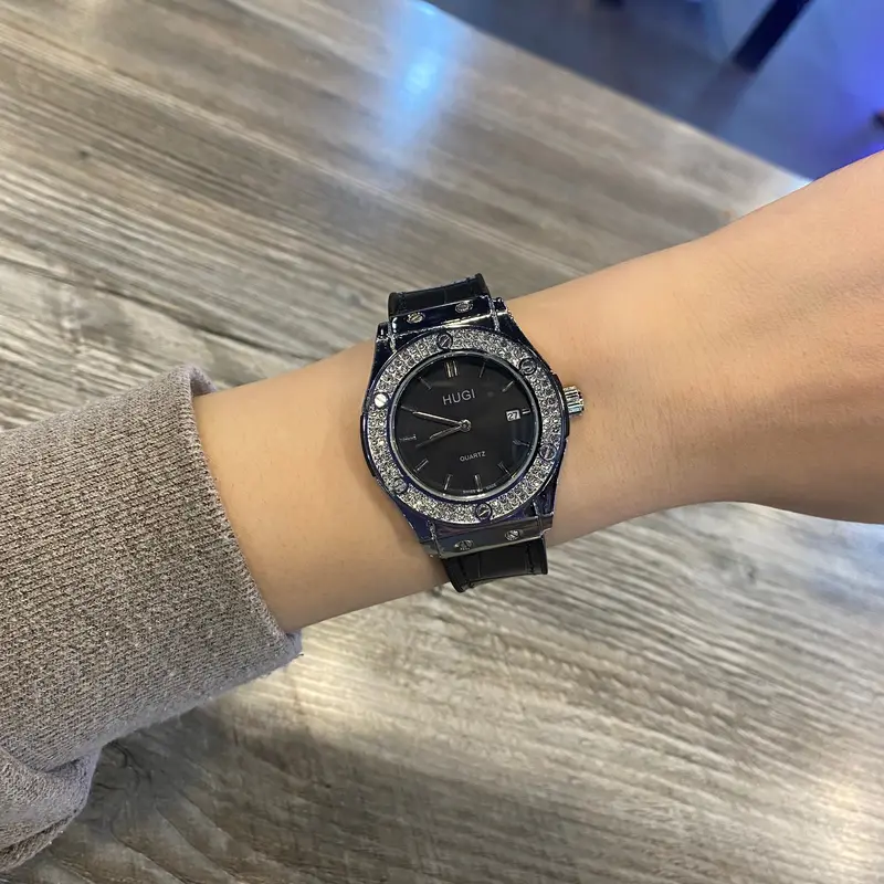 Hugi Đồng Hồ dây da Nam nữ luxury 603 basic dây da niềng đá cao cấp, sang trọng. Đồng hồ đeo tay thời trang, phụ kiện đẹp. Kiềng Watch 4