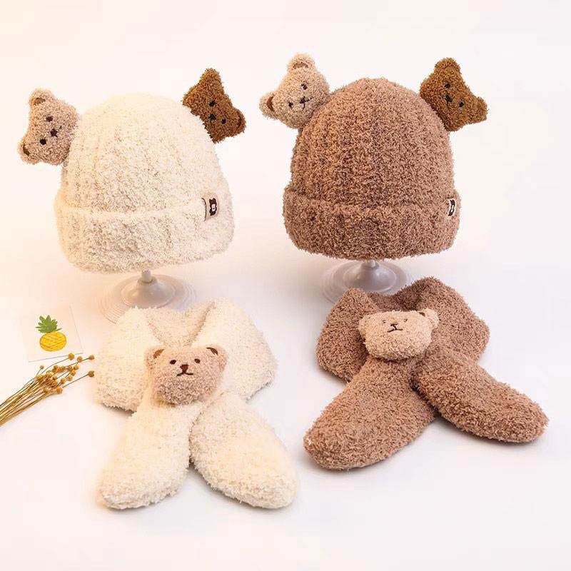 Product Introduction of Winter Thick Baby Bear Hat Children'S Cartoon Cute Solid Color Plush Warm Knitted Hat Scarf Set -Udn 7