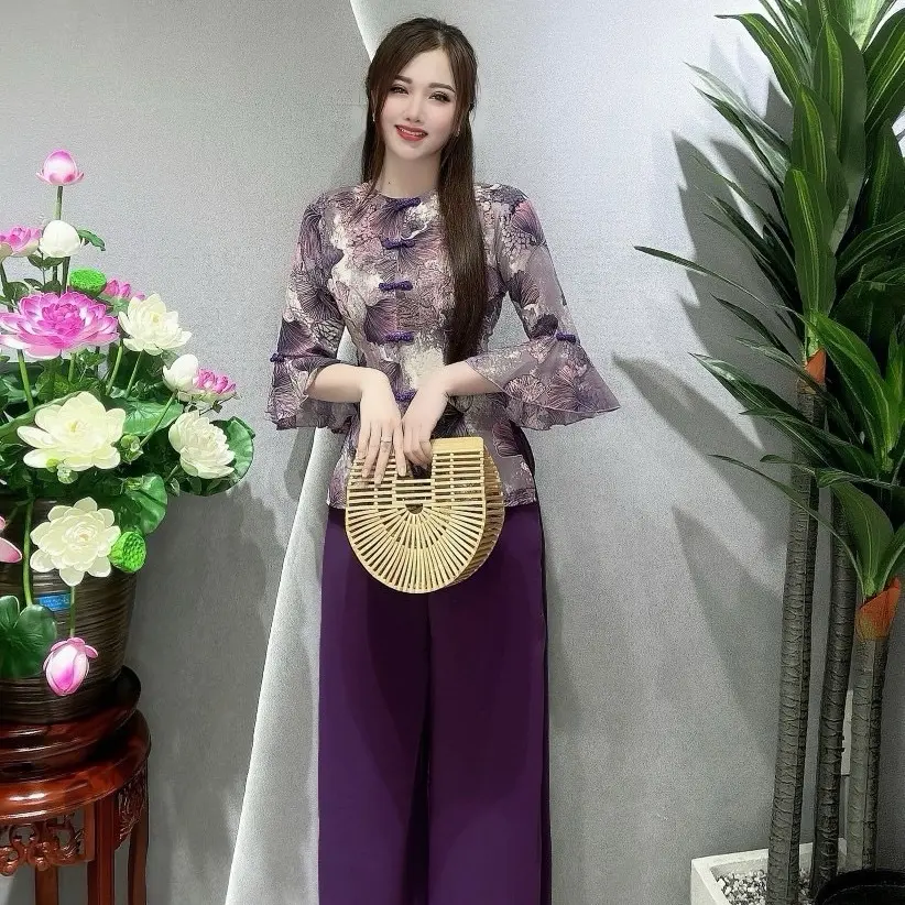 BỘ BÀ BA CỔ TRÒN TAY BÈO LOE QUẦN DÀI