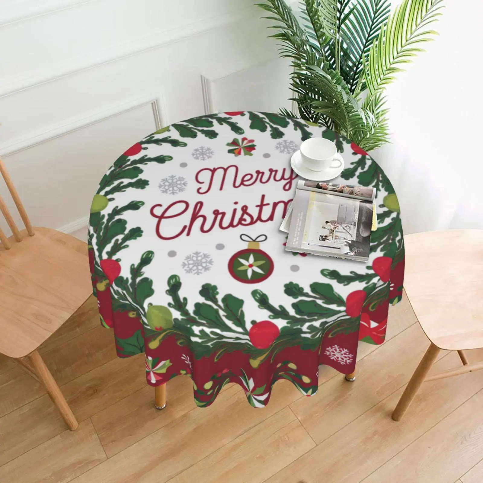 Merry Christmas Themed Tablecloth, 1 Count Round Letter & Ball & Holly Leaves & Snowflake Pattern Holiday Tabletop Decoration, Festive & Party Supplies for Home Office Decor