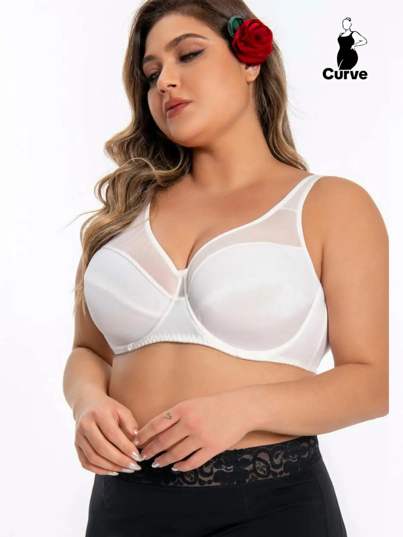 Plus Size Solid Sheer Lined Bra, Casual Comfort Breathable Push Up Bralette for Daily Wear, Women's Plus Size Underwear for All Seasons
