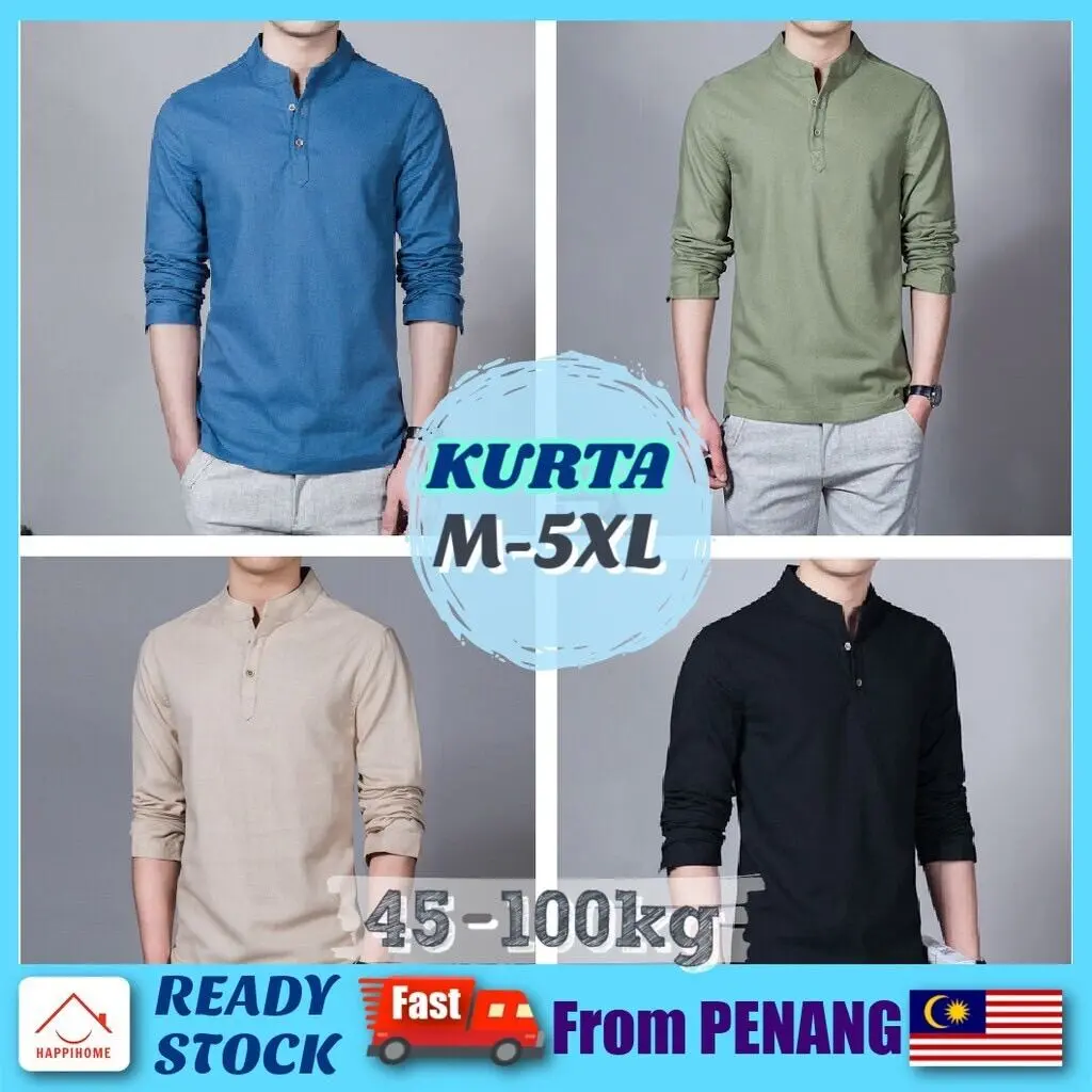 Kurta shirt 2023 kurta men viral men Muslim long sleeve shirt army green olive stand collar Raya Malay cotton kurta men adult round neck full sleeve Mandarin collar size S-3XL cotton linen formal shirt wedding illegitimate interview men's formal wear