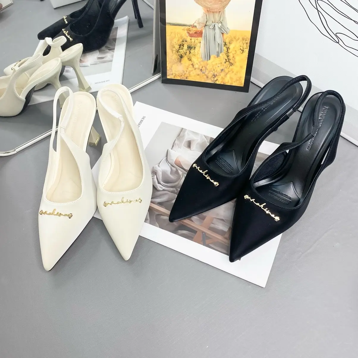 Shoes gót 9p/7p mũi nhọn đính chữ quai hậu thời trang cá tính Nữ DéP  Jean GiàY Nhung