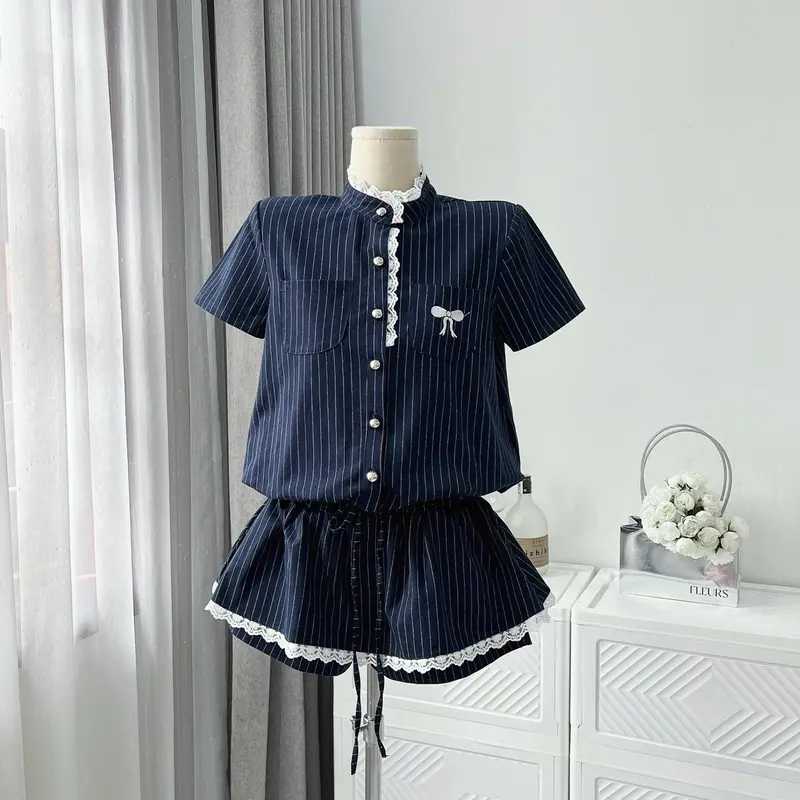 Jum kẻ xanh viền ren túi nơ thêu 6