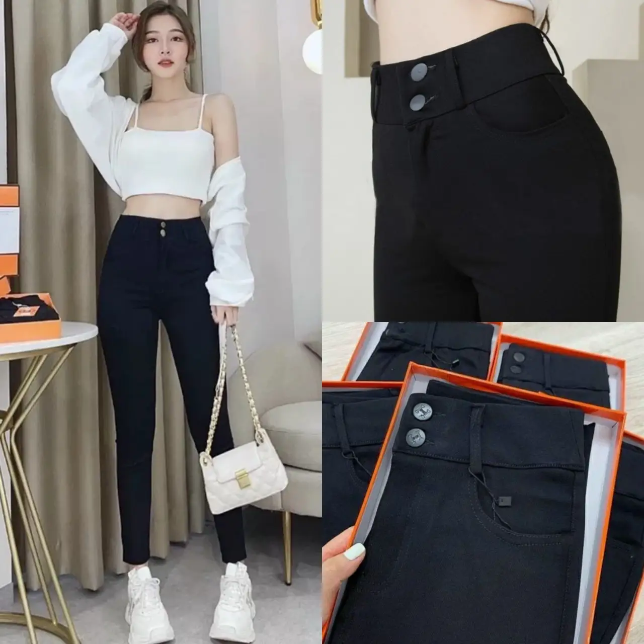 Quần legging nữ cạp cao in logo cao cấp có khóa 2 khuy 4 túi vải UMI hàn dày dáng dài Quần Legging nữ đi học mặc công sở Ôm gọn Trơn Màu đen Pants Jean Women Lưng Cao