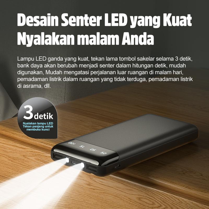 KIVEE Powerbank Fast Charging 20000 mAH 10000 mAh dengan Kabel Data Tipe C /Micro USB/Lightning USB Tampilan Daya Digital Flashlight Ganda Tiga masukan & lima keluaran Pengisian Daya Cepat 3