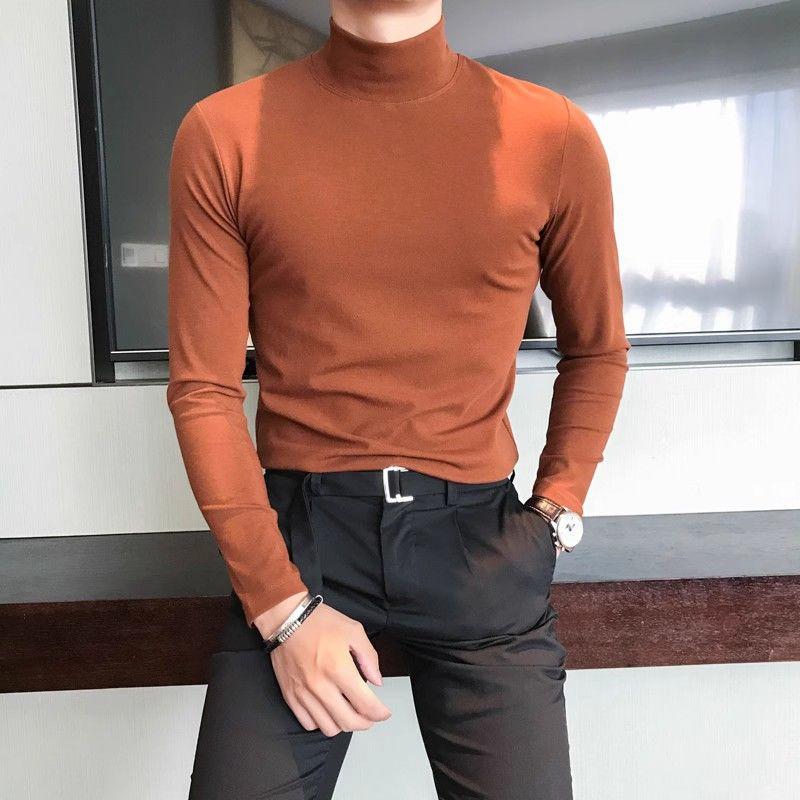 Product Introduction of Half Turtleneck Long Sleeve T-Shirt for Men, Autumn High-End Slim Fit Solid Color Mid-Neck Fleece Stretch Base Layer Pedal 17