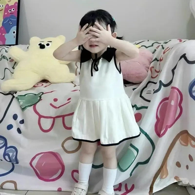 (ĐẦM)VÁY LIỀN Xếp Ly Cổ Bẻ Dây Nơ Xinh Yêu Bé Gái-Vải Poly Mềm Mịn Thoáng 9-19kg 1