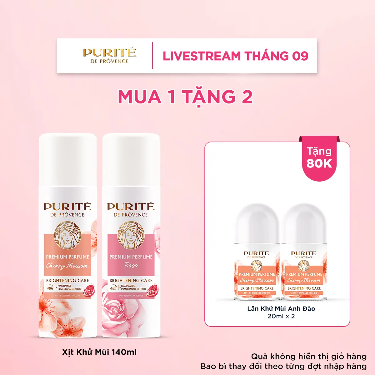 [COMBO MUA 1 TẶNG 2] Xịt Khử Mùi Dưỡng Sáng Hương Nước Hoa Cao Cấp Purité Hương Hoa Anh Đào / Hương Hoa Hồng 140ML + Tặng 2 Lăn Khử Mùi Dưỡng Sáng Hương Nước Hoa Cao Cấp Purité Hương Hoa Anh Đào 20MLx2