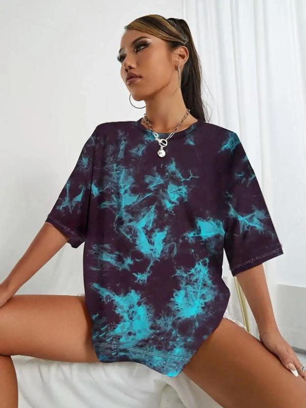 Women's Tie Dye Print Drop Shoulder Sports Tee, Sporty Round Neck Half Sleeve T-Shirt, Ladies Sportswear for Indoor Outdoor Wear 5