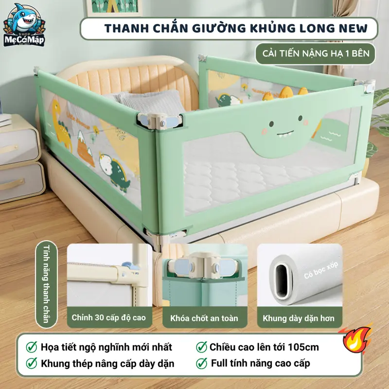 [Giadinhtuanmai x SMCM] Thanh Chắn Giường Thiết Kế Chốt Nâng Cấp Bấm Hạ Dễ Dàng, Thanh Chắn Giường Pakey LC1 Bản New Cao 105cm Ống Thép Dày 4