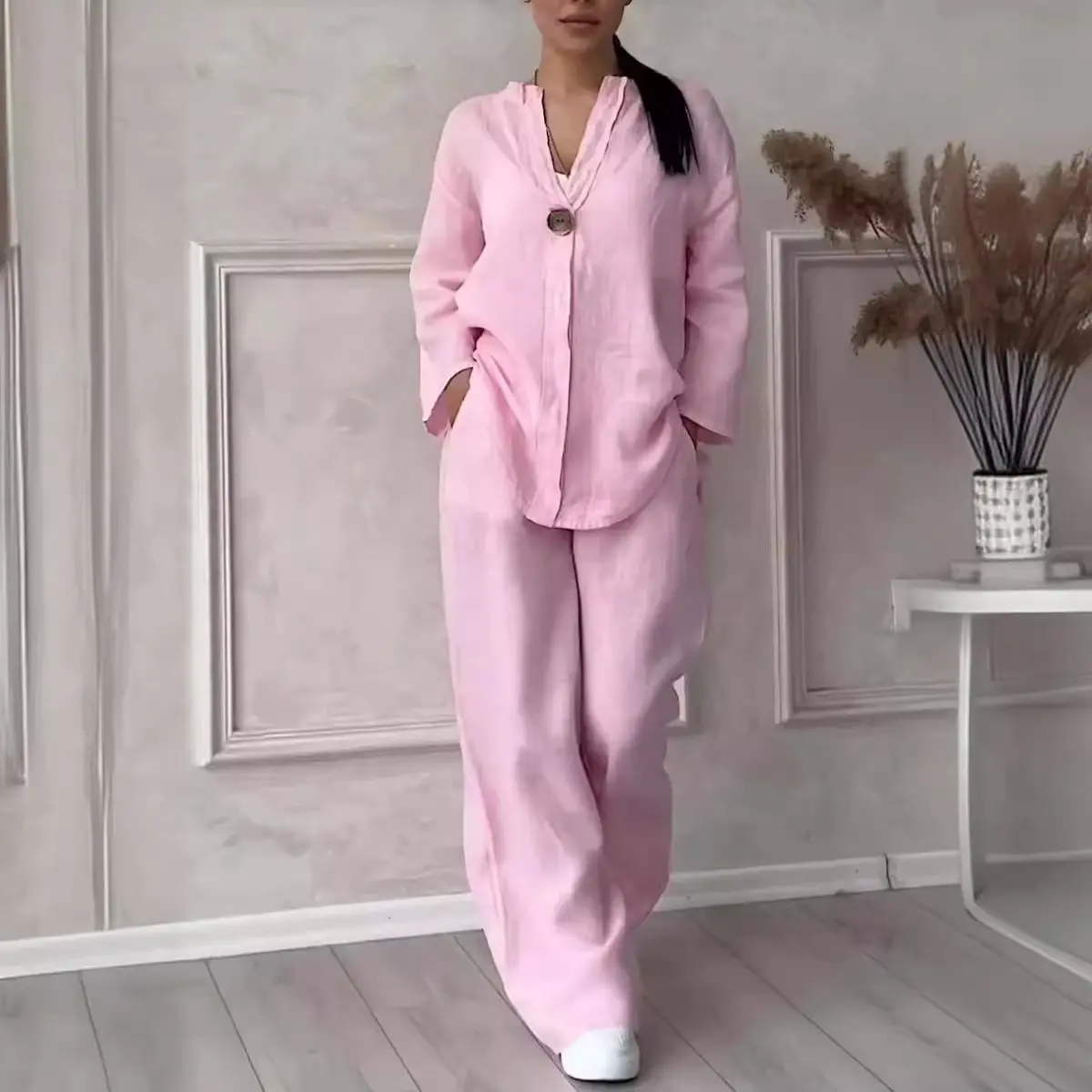 Women's V-Neck Flare Sleeves Linen Feel Two Piece Wide Sleeves, Wide Trouser Modestwear, Holiday Set,ModesstWear Womenswear Casual Comfortable Overalls