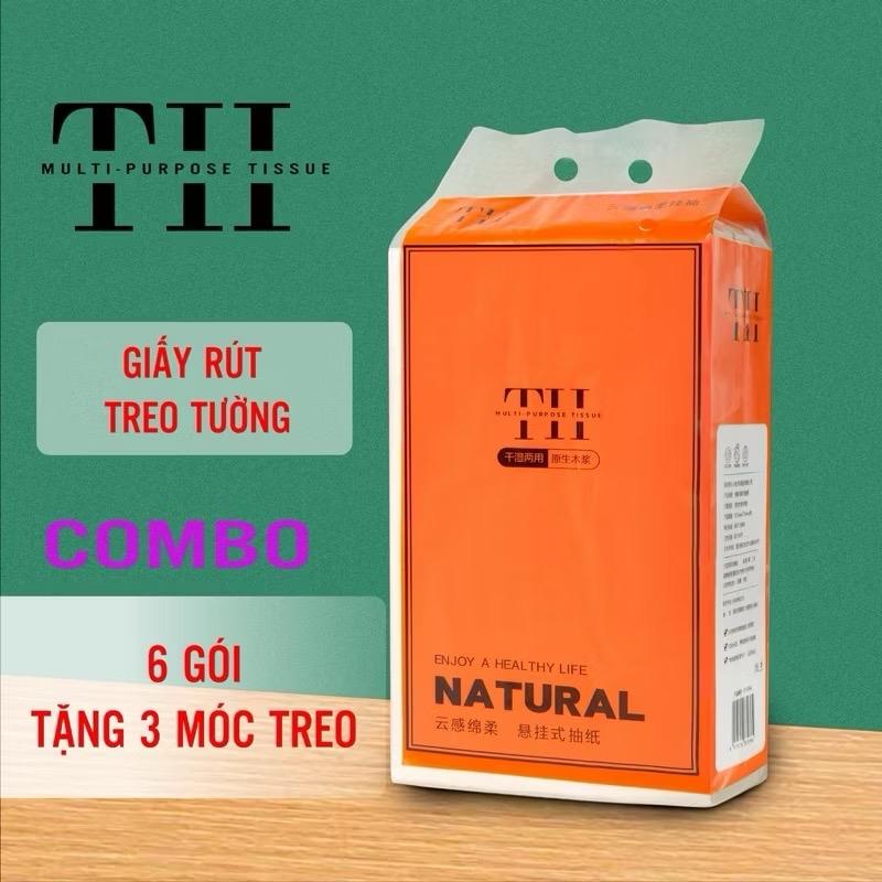 Thùng 6 Túi Giấy Ăn Treo Tường Natural (tặng 3 móc treo) Giấy Vệ Sinh 4 Lớp Bằng Bột Gỗ Nguyên Sinh Hàng Nội Địa Trung