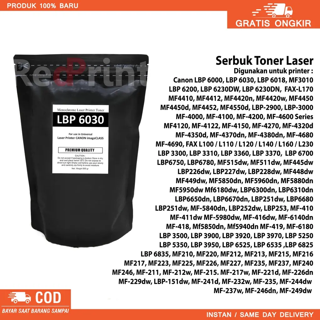 Serbuk toner printer canon LBP6030, LBP 6018, MF3010, LBP-2900, LBP-3000, MF-211, MF-212w, MF-4350d, MF448dw, MF-5840dn, MF-246dn, MF-249dw, MF-416dw, MF-6140dn
