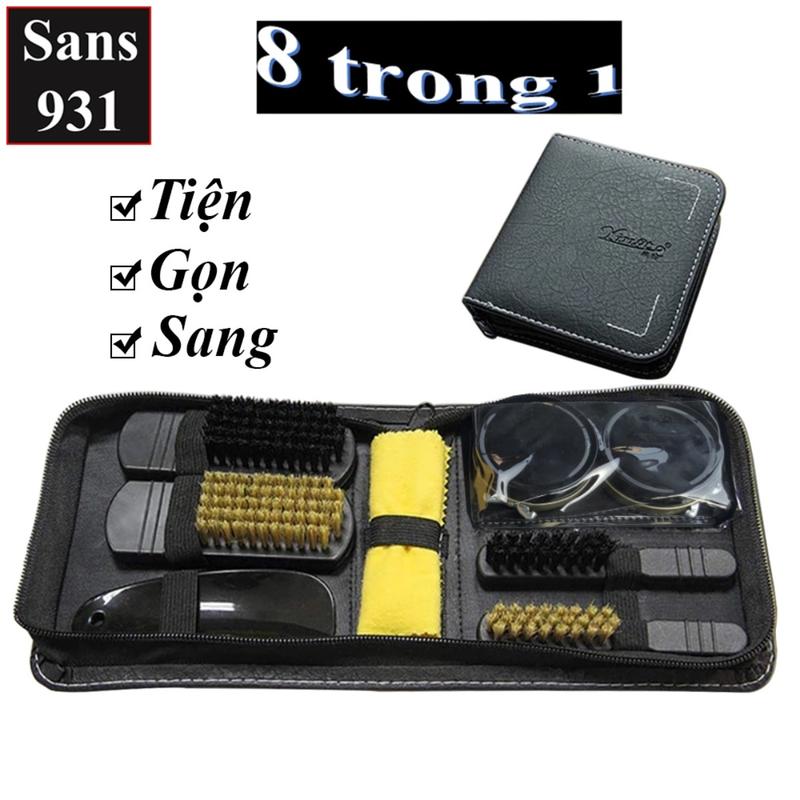 Bộ đánh giày đẹp sang gọn Sans931 8 món bàn chải xi đen trắng bóng khăn cho giầy túi ví xách đồ da