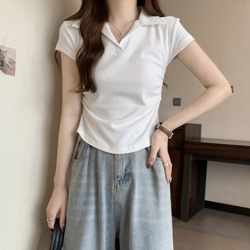 Product Introduction of 106 # Real Shot Real Price 40s Pure Cotton 210g (92% Cotton/8% Spandex) Polo Collar Waist-Cinching Short Sleeve T-Shirt for Women Top Womenswear 8