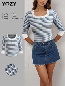 YOZY Women's Striped Patchwork Print Button Ribbed Tee, Casual 3/4 Sleeve Square Neck T-Shirt for Spring & Fall, Women's Top for Daily Wear