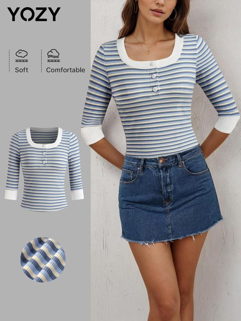 Product Introduction of YOZY Women's Striped Patchwork Print Button Ribbed Tee, Casual 3/4 Sleeve Square Neck T-Shirt for Spring & Fall, Women's Top for Daily Wear 1
