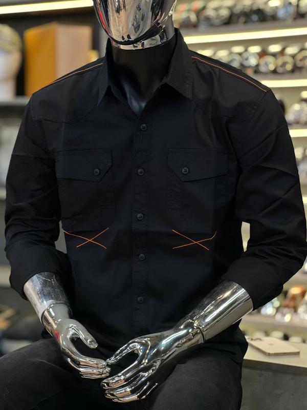 Áo Sơ Mi Nam Đen Tay Dài Viền Thêu Móc Xích Chỉ Nâu Cam Chất Vải Kaki 2 Túi Hộp S3252