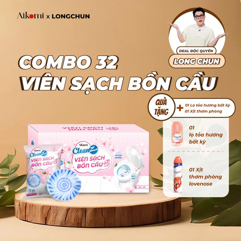 AIKOMI X LONG CHUN Combo 32 Viên Sạch Bồn Cầu CleanZ + 01 Xịt Thơm Phòng Hương Dâu + 01 Lọ tỏa hương lovenose hương biển; vệ sinh làm sạch bồn cầu kháng khuẩn cao