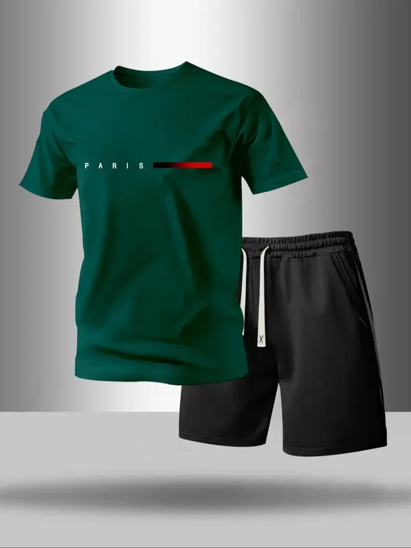Men's Letter Print Tee & Drawstring Waist Shorts Set, Regular Fit Round Neck Short Sleeve T-shirt & Track Shorts, Casual Summer Clothes for Outdoor 5