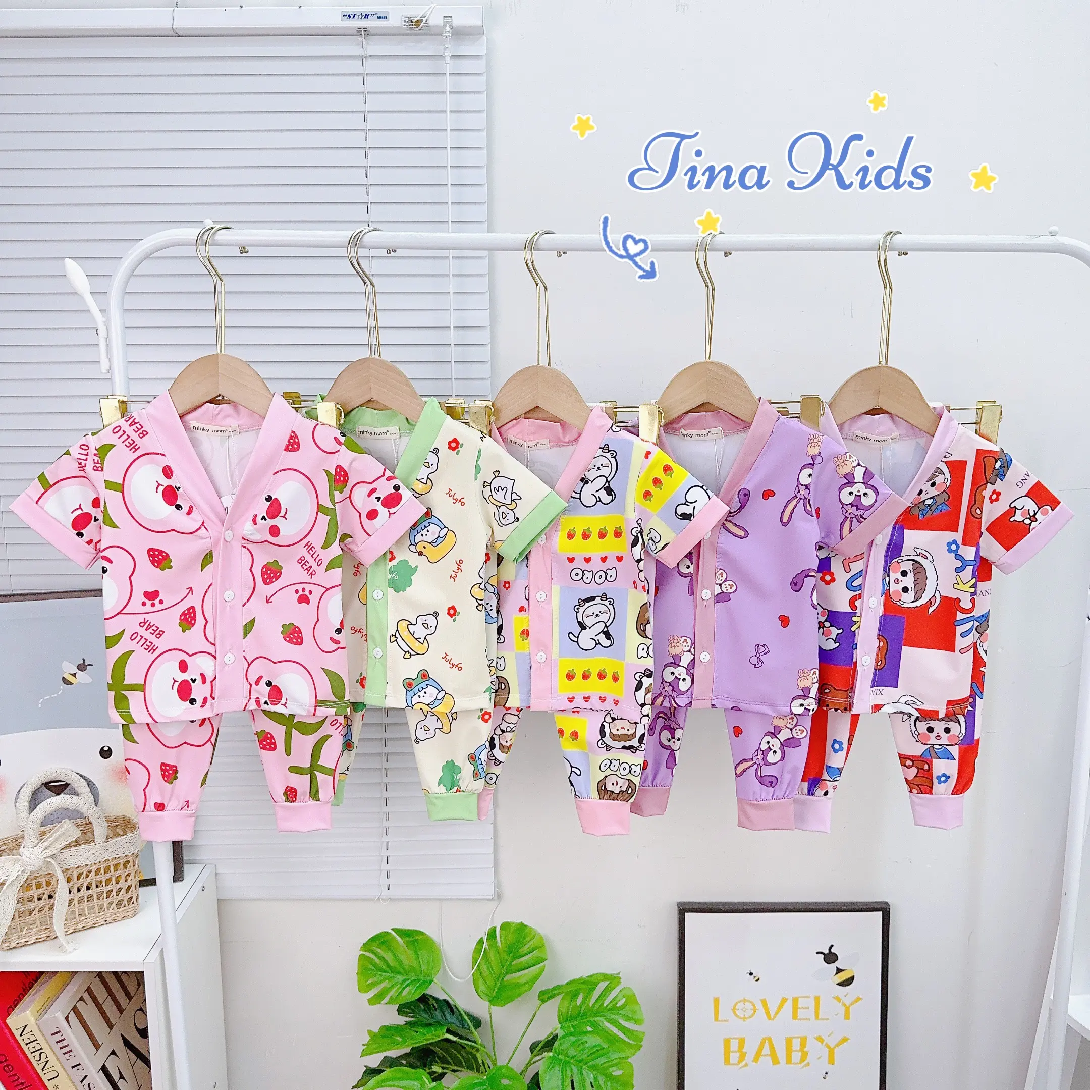 (7-17kg) Bộ tay ngắn quần dài dễ thương cho bé gái Thun