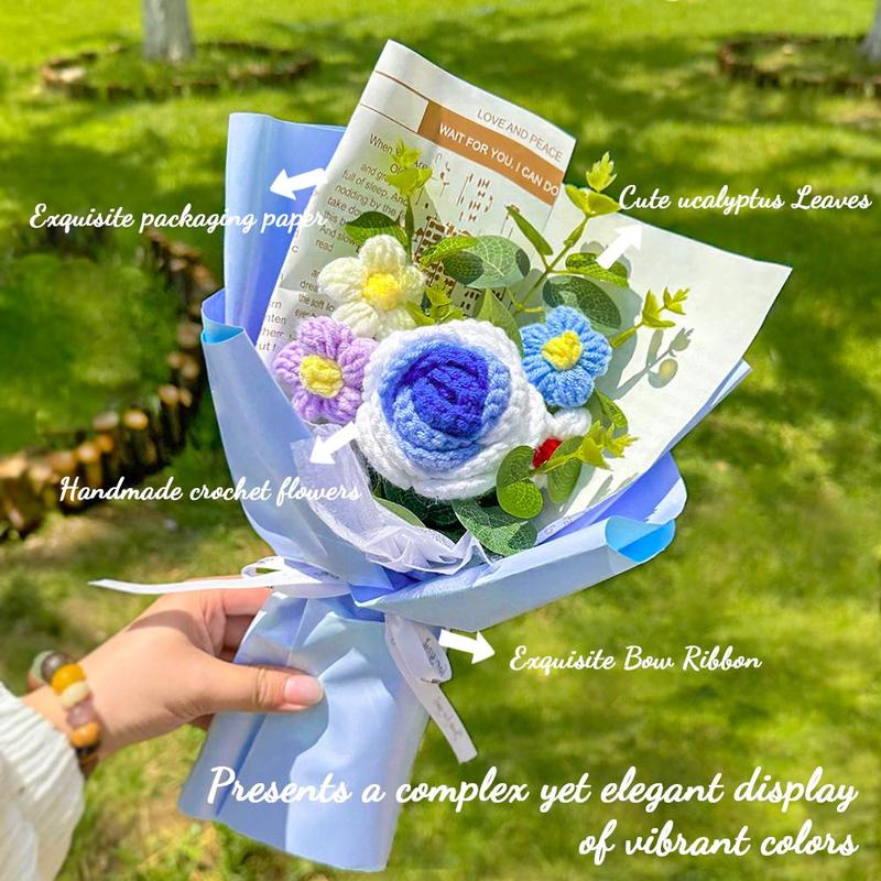 1 Count Artificial Hand Crochet Flowers Bouquet, Hand Woven Rose Flower Bouquet, Faux Knitted Sunflower Flower for Birthday Anniversary, Finished Artificial Flowers Home Decor Gift with Gift Bag 7