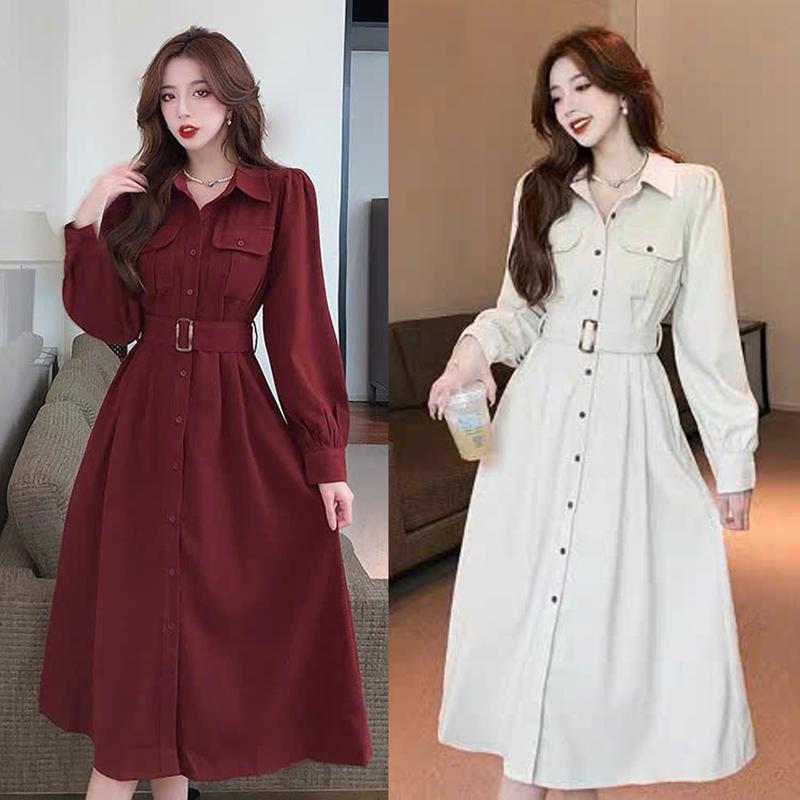 Váy nhung dáng dài, váy nữ cổ sơ mi dài tay kèm đai, sang chảnh tiểu thư, phong cách trẻ trung công sở V184 Women Dress