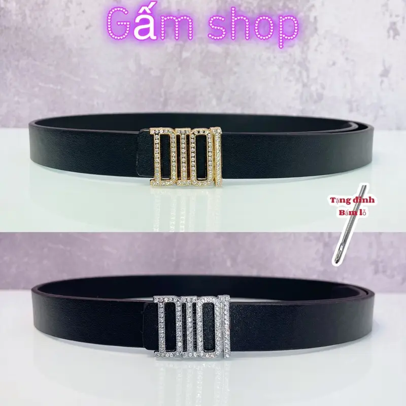 Thắt Lưng Nữ Mặt Chữ Đuôi R  Mạ Ful Đá  Da Đúc (Bản 2,5cm) Khóa gài Mặt Hai Màu Bạc + Vàng. kiểu Dáng Giấu Dây