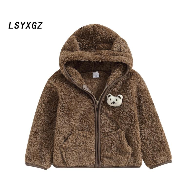 Girl Boy Winter Fuzzy Coat, 3D Bear Hooded Jacket Zipper Outerwear 0
