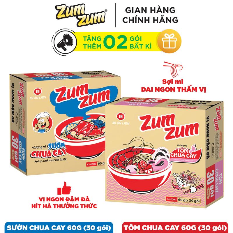 Combo 2 thùng mì ăn liền ZumZum Tôm Chua Cay 60g + Sườn Chua Cay 60g (60 gói TẶNG 4 gói) Vị Chua cay