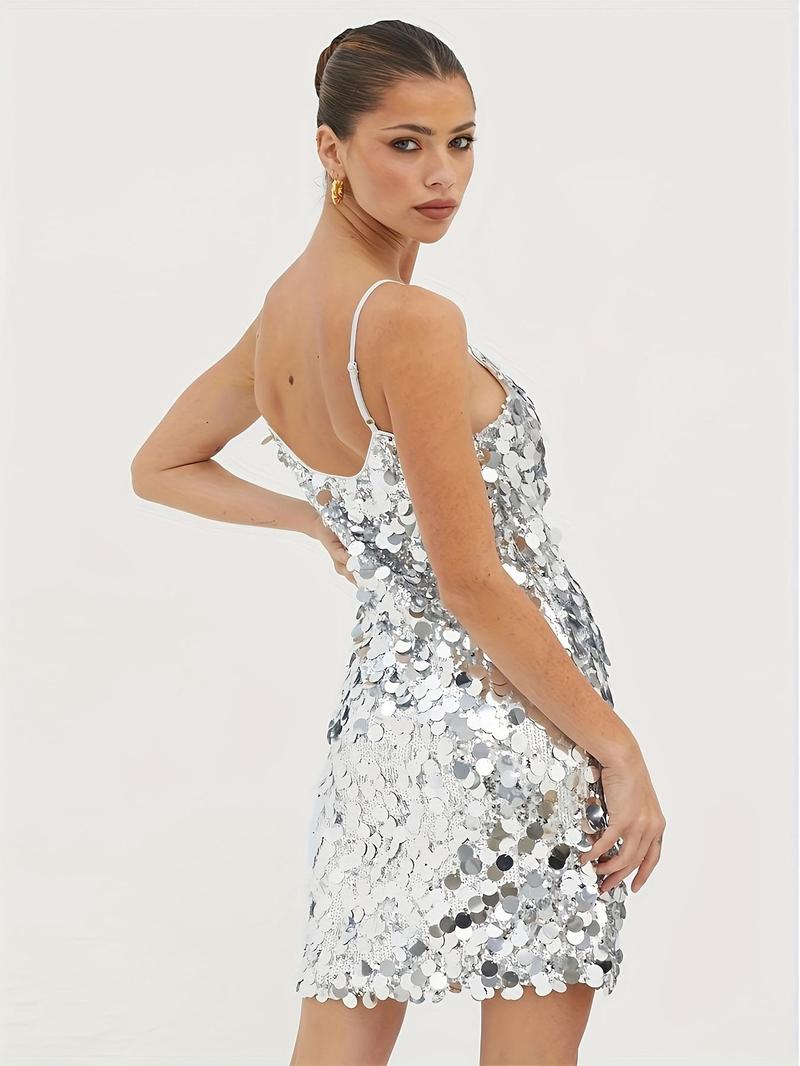 Product Introduction of Women's Glitter Sequins V Neck Cami Dress, Fashionable Sparkly Short Dress for Party Club Dating Wear, Ladies Summer Clothes 8