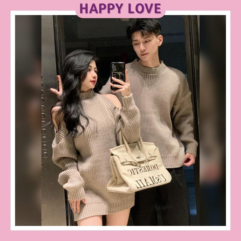 Set đồ đôi nam nữ thu đông HAPPYLOVE áo len nam váy nữ khoét vai màu nâu nhạt dày đẹp Quảng Châu H127