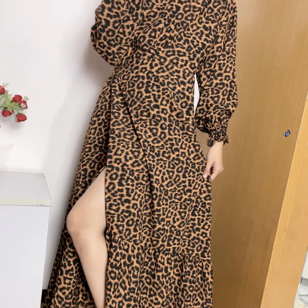 Mirae Wear Dress Leopard Kimono Lilit Leopard Long Dress Lengan Panjang Korean Look V-Neck