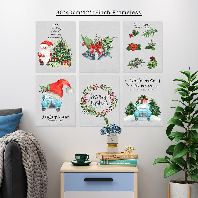 Product Introduction of Christmas Themed Frameless Painting, 6 Counts/set Cartoon Christmas Pattern Wall Art Poster, Wall Art Decor for Home Living Room Bedroom Office 2
