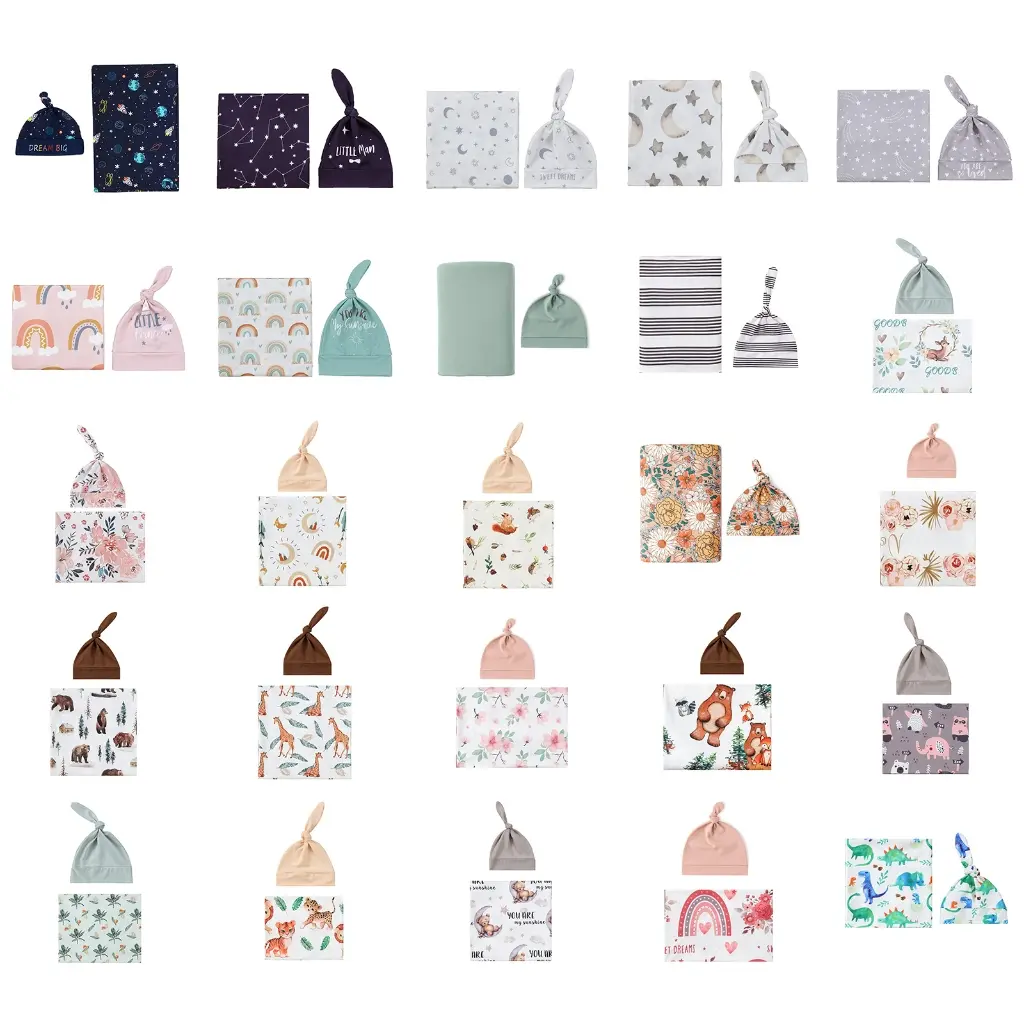 Newborn Baby Swaddles Wrap Cloth & Hat Set Breathable Infant Wrap Cloth Receiving Blanket & Beanie Shower