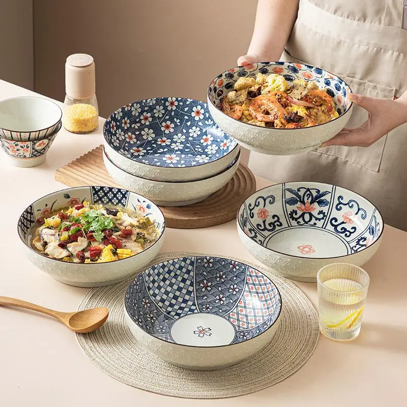 Vintage Flower Pattern Bowl Set, 4 Counts/set Exquisite Ceramic Bowl, Large Soup Bowl, Salad Bowl, Kitchen Tableware Set