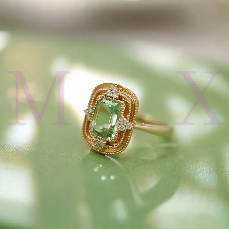 Japanese Retro Palace Style Olive Green Square Ring Exquisite Inlaid Afghan Mint Green Tourmaline Women's Ring