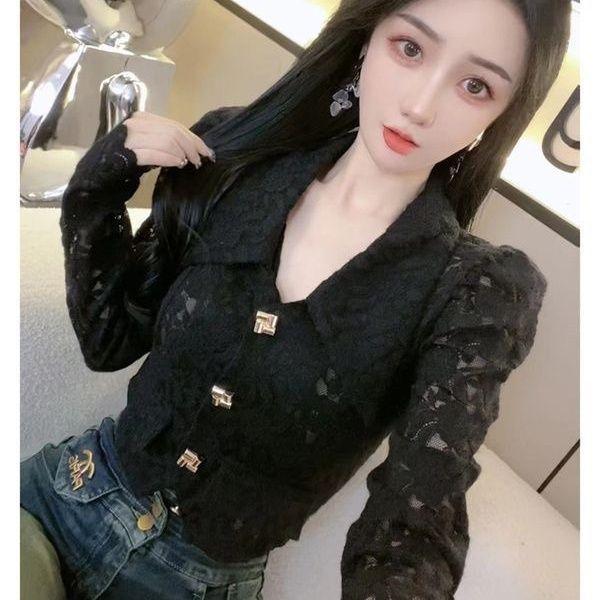 Áo Sơ Mi Thời Trang Sang Trọng, Thời Trang, Dành Cho Nữ, Hàng Mới Về Mùa Thu 2024, Áo Ren khoét Tay Phồng Bó Eo, Áo Sơ Mi Ngắn Women Top Shirt 1