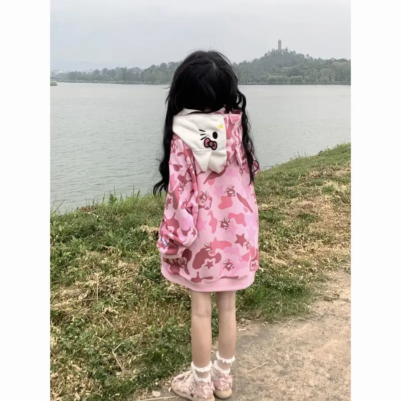 Áo Hoodie In Hình Hello Kitty, Phong Cách Mỹ, Dáng Rộng Vừa Vặn, Dành Cho Nữ Và Học Sinh, Dễ Phối Đồ, Thích Hợp Cho Mùa Khai Trương, Áo Cardigan Cặp Đôi, Áo Khoác Có Dây Kéo, Tuyệt Vời Làm Quà Tặng 5