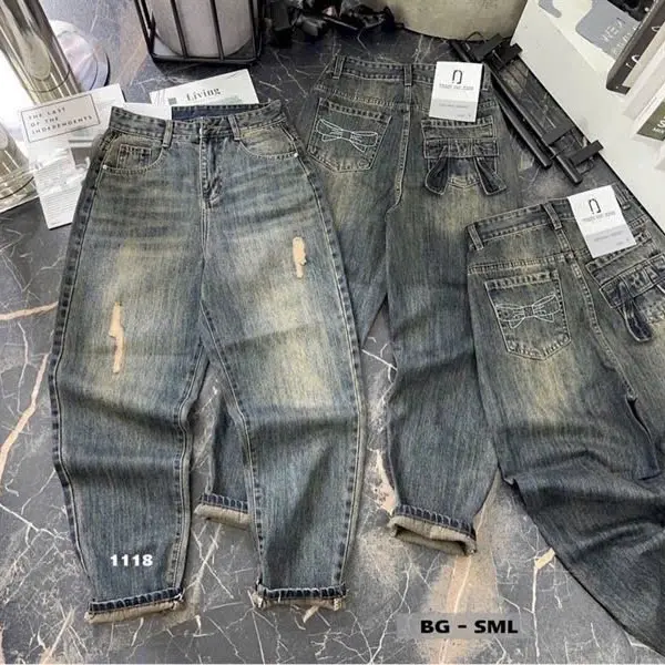 Quần jean baggy thêu túi nơ