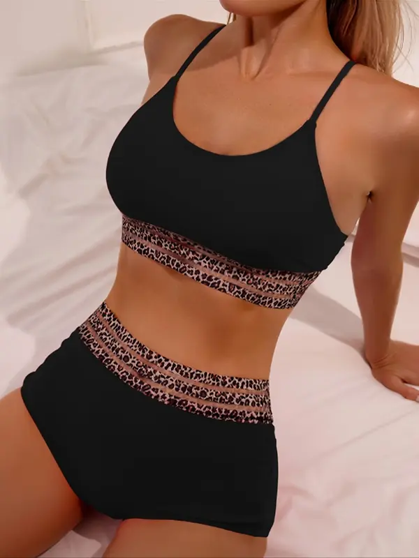 Women's Leopard Print Contrast Mesh Bikini Set, Casual Scoop Neck Swim Cami Top & High Waist Swim Panty Set, Ladies 2024 Trendy Swimwear for Summer 2