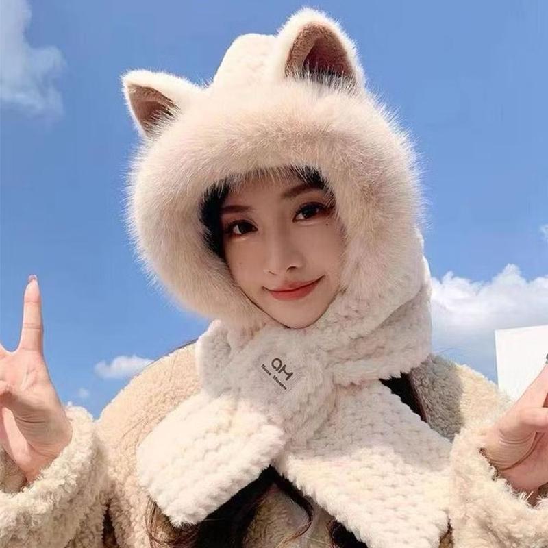 Mũ lông cừu nữ tai mèo nhọn 2in1 kèm khăn quàng cổ nón len nữ tai gấu Nhà kho Mười Nhàn - Voi - Women, Cap