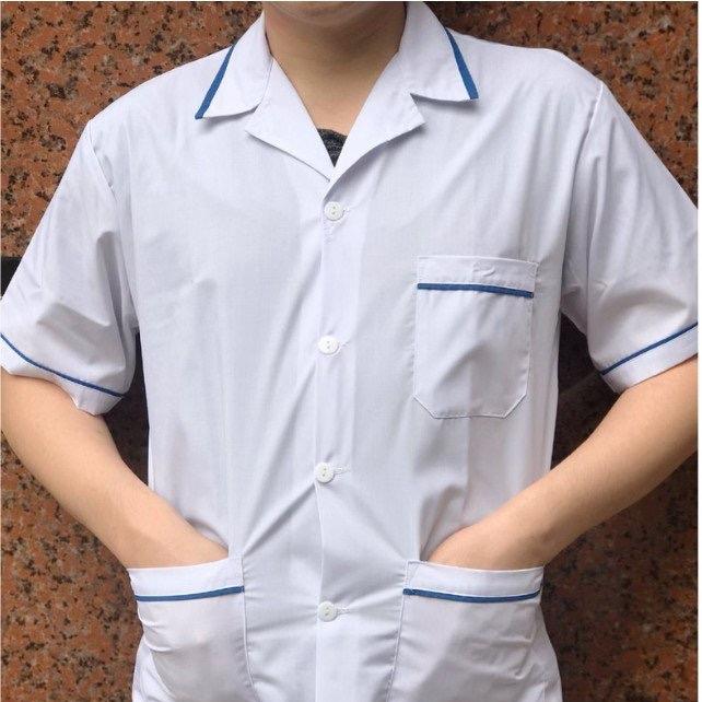 Áo Blouse Điều Dưỡng Viền Xanh Dương Cộc Tay, Dược Sĩ, Y Tá Nam Nữ - Bộ Blu Y Tá Viền Xanh Dương Bộ quần áo y tế, Áo blue dược sĩ, Áo blouse Menswear Pants