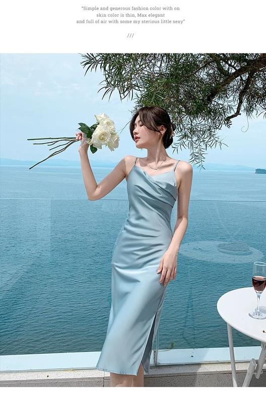 Product Introduction of D2829-French blue suspender dress, women's summer satin texture, high-end feeling, slim fit temperament, design sense, unique dress 10