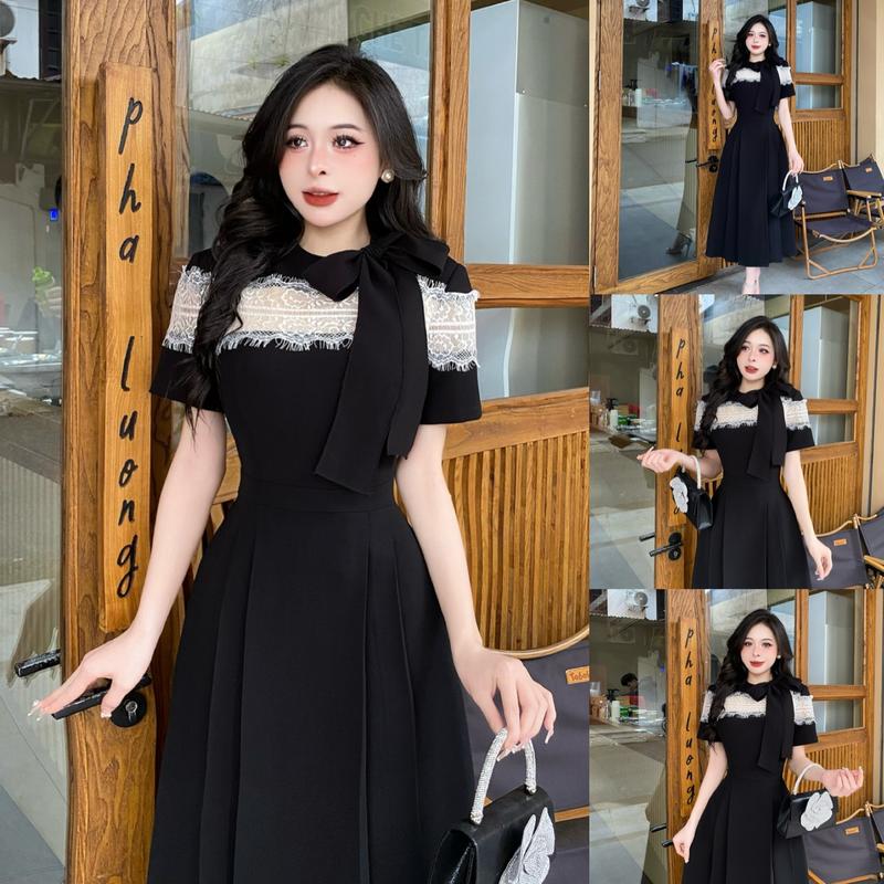 DB99- Váy thiết kế Evii dành cho nữ Đầm thiết kế phối ren lưới hoa trước ngực tặng kèm dây nơ dáng A xoè dài phù hợp đi làm đi chơi và đi dự tiệc. Có Bigsize Women Dress