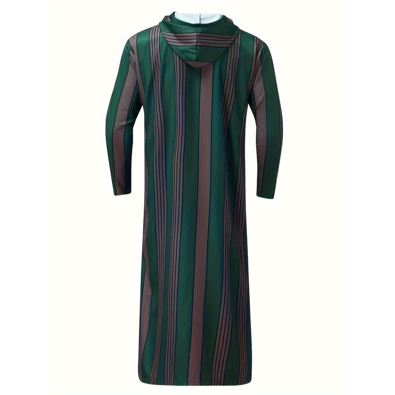 Men's Striped Hooded Long Robe - Casual Polyester Thobe with Zipper Detail, Machine Washable - Perfect for Spring/Fall 2