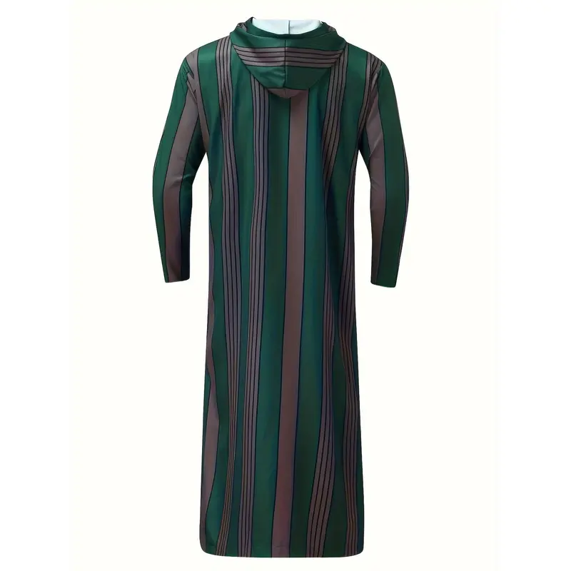 Men's Striped Hooded Long Robe - Casual Polyester Thobe with Zipper Detail, Machine Washable - Perfect for Spring/Fall 2