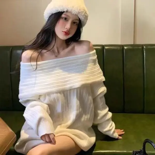 Áo Len Trễ Vai Nhỏ Màu Đỏ Phong Cách Thường Ngày Cho Nữ, Áo Len Trễ Vai, Trang Phục Mùa Đông, Áo Dài Trung Bình Dáng Rộng