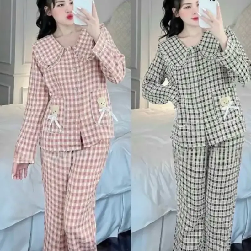 (38-55kg)Bộ pijama CỔ SEN TRÒN chất liệu ĐŨI NHUNG họa tiết kẻ KARO nhiều màu Nữ Women Quần Ngủ Áo Ngủ